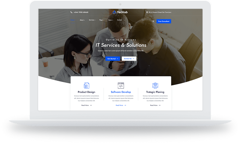 Professional IT services and solutions website homepage with support, maintenance, and security offerings.