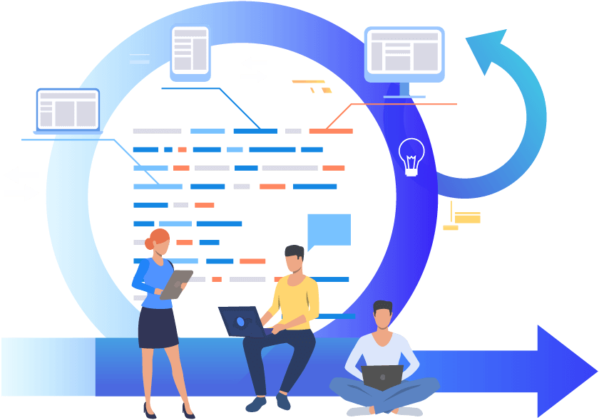 People collaborating on coding and technology projects with digital icons around them.