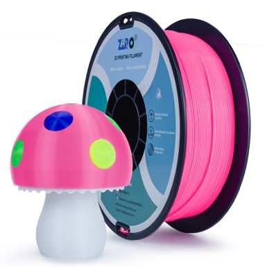 Pink 3D printer filament spool with mushroom-shaped holder.