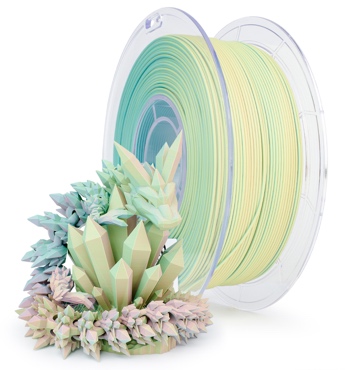A pastel-colored filament spool with a succulent plant base.