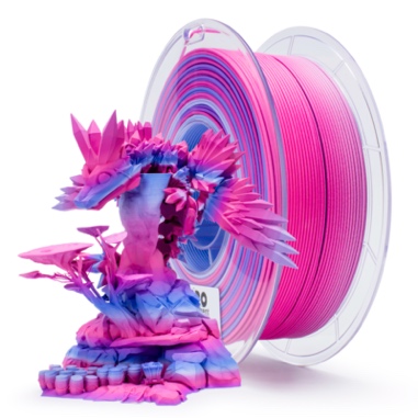 Vibrant pink dragon figure with matching pink filament spool.