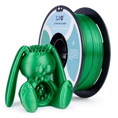 Green 3D printing filament with a printed toy figure of a dog.