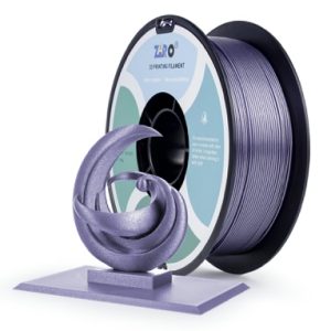 Purple 3D printing filament spool with a printed spiral model.