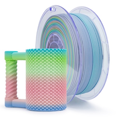Colorful gradient 3D printer filament spool with a matching mug.