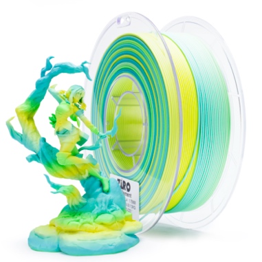 Colorful dragon figurine with round multicolor disc in the background.