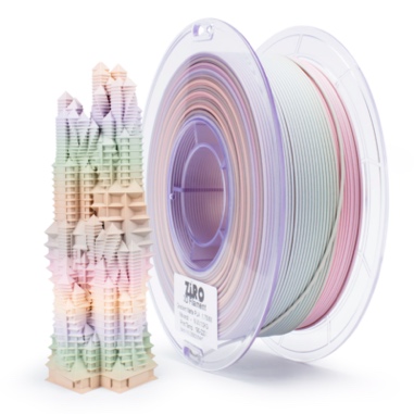 Two spools of pastel-colored ribbon and a bundle of matching decorative sticks.