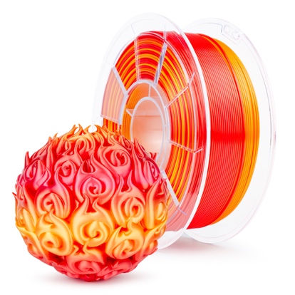 A fiery 3D printed sphere with flame patterns and orange filament spool.
