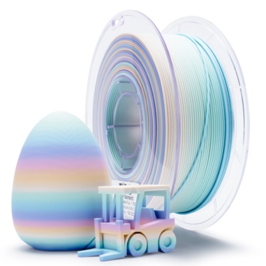Colorful 3D printing filaments and a small 3D printed train and egg.