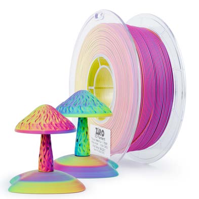 Colorful 3D printer filament with printed mushroom models.