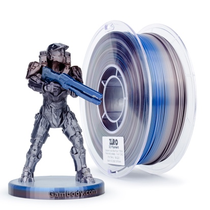 A futuristic soldier figurine stands beside a spool of translucent filament.