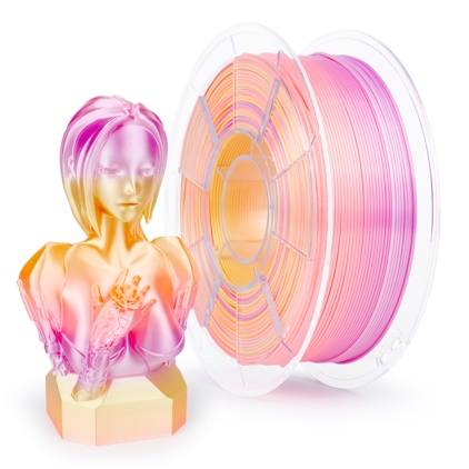 Colorful 3D printed bust and filament spool in pink and orange tones.
