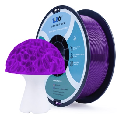 Purple 3D printing filament spool beside a purple mushroom model.