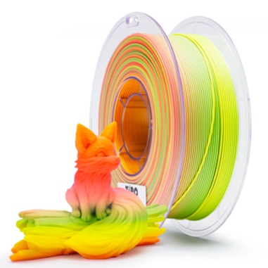 Colorful 3D printer filament spools with a small fox figurine.