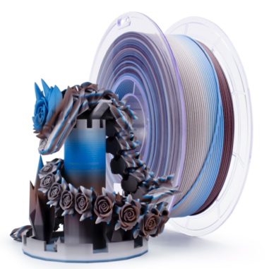 A steampunk-style dragon 3D printer filament holder with a spool.