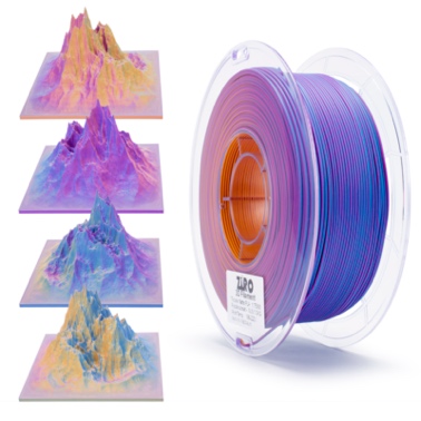 Color-changing 3D printer filament with gradient mountain prints.