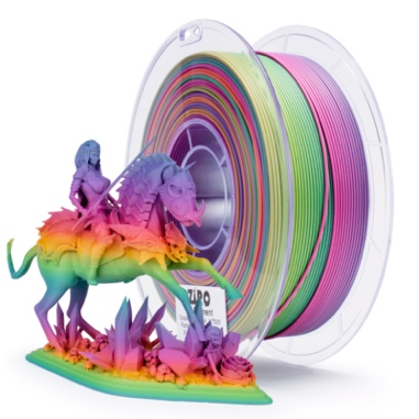 Colorful 3D printer filament with a rainbow unicorn stand.