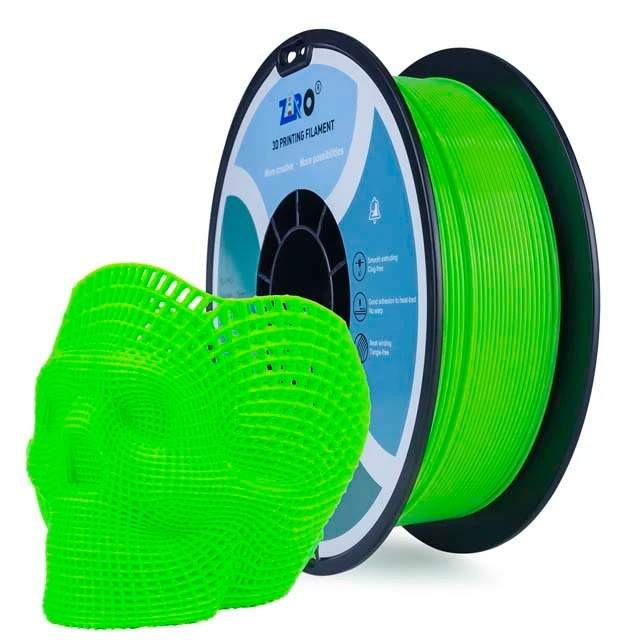 Green 3D printing filament with a skull model made from the filament.