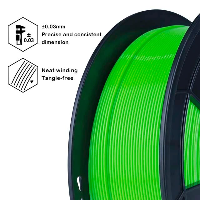 Bright green 3D printer filament spool with 1.75mm diameter and anti-winding design.