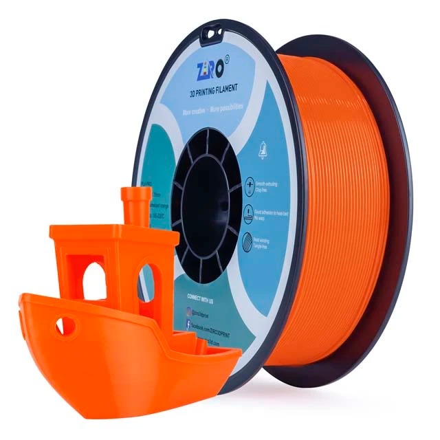 Orange 3D printer filament spool with a small printed boat model.
