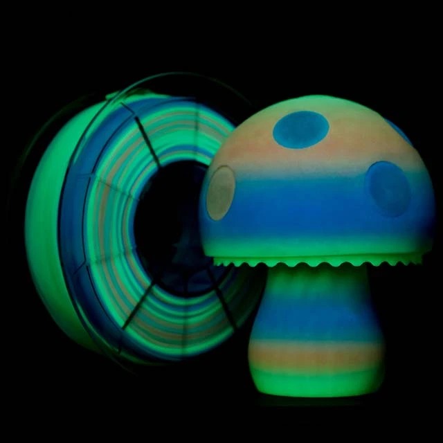 Glowing mushroom and ring art with vibrant neon colors in darkness.
