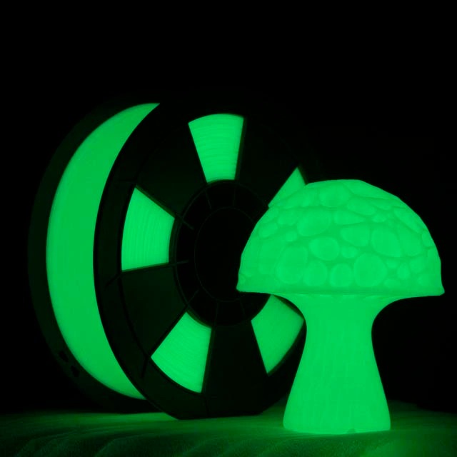 Glowing green mushroom and circular shapes against a dark background.