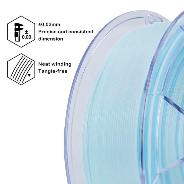Close-up of clear blue 3D printer filament spool with texture and diameter details.