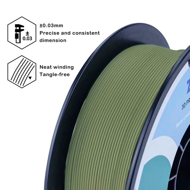 Green 3D printer filament spool with neat winding and precision diameter.