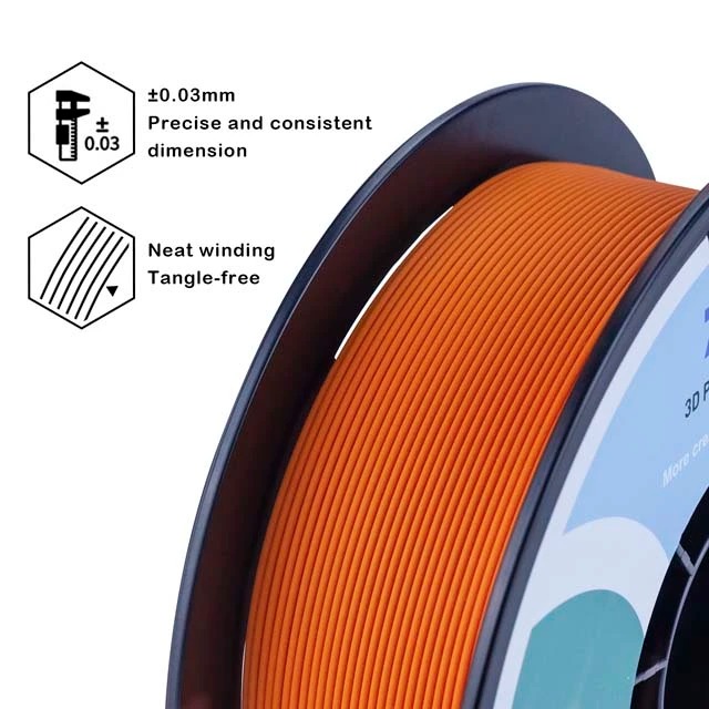Orange 3D printer filament with precise 1.75mm diameter and tangle-free design.