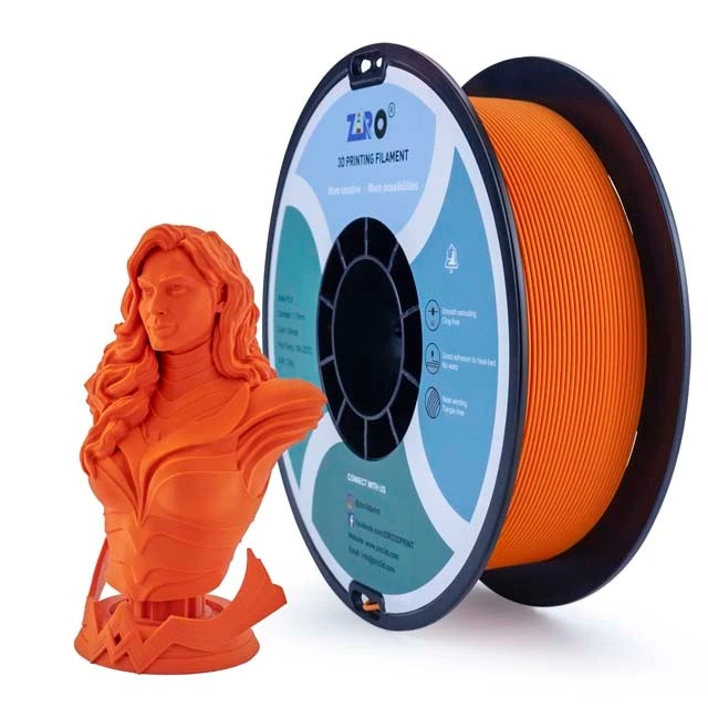 Orange 3D printer filament spool and a printed bust model.