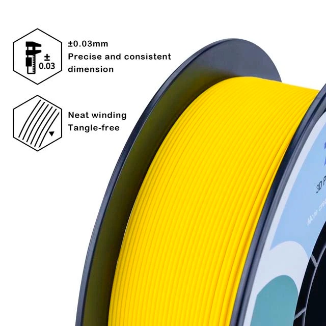Bright yellow 3D printer filament spool with 1.75 mm diameter.