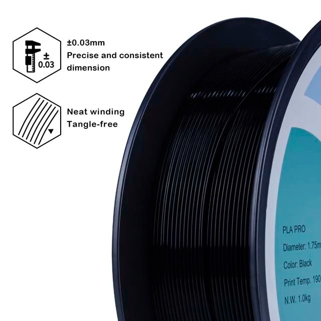 Black 3D printer filament spool with heat-winding and precision features.