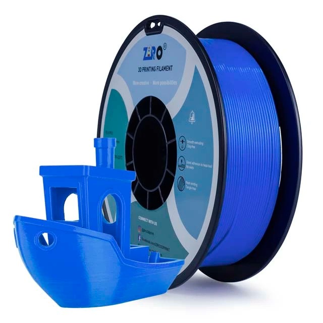Blue 3D printer filament spool with a holder.