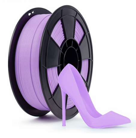Purple 3D printer filament spool with a high-heeled shoe print.