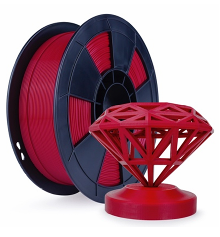 Red 3D printing filament spool with a diamond-shaped 3D printed model.