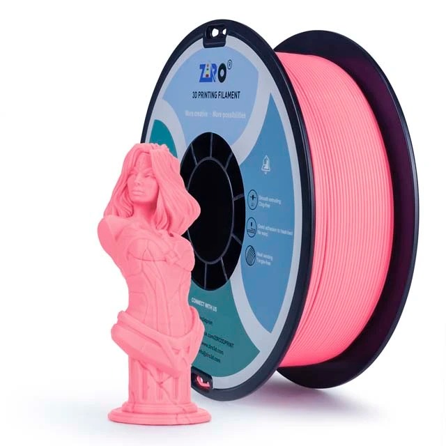Pink 3D printing filament spool and a small statue print.