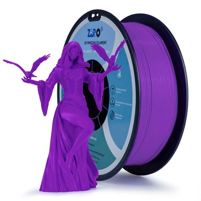 Purple 3D printer filament spool with a wizard figurine.