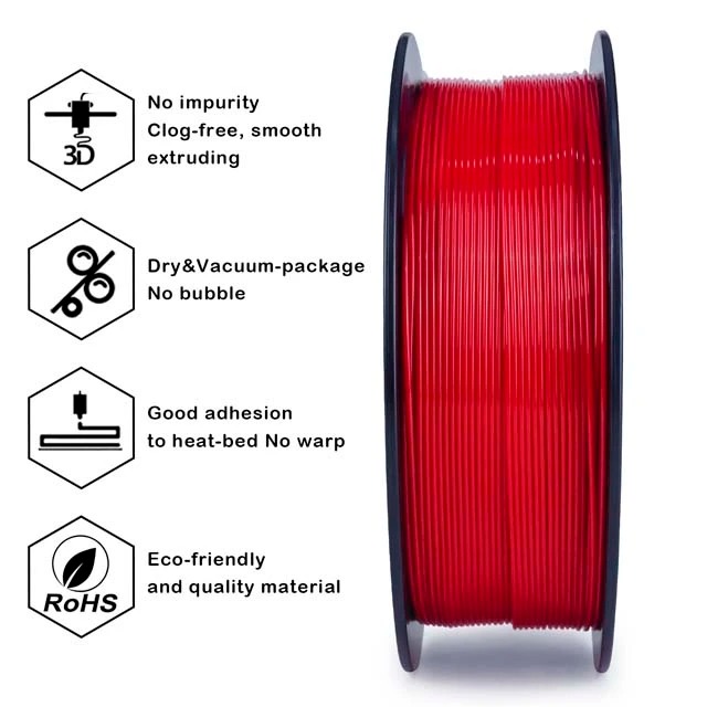 Red 3D printer filament spool with key features icons.