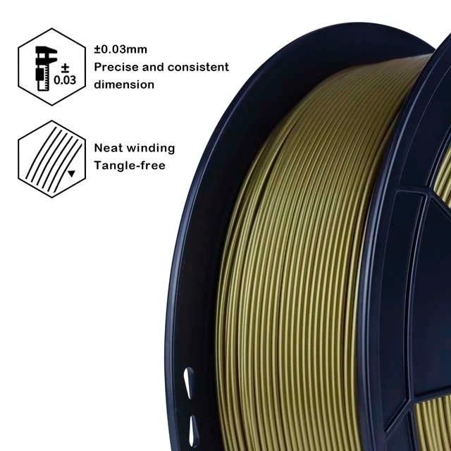 Gold 3D printer filament spool with precise dimensions and tangle-free design.