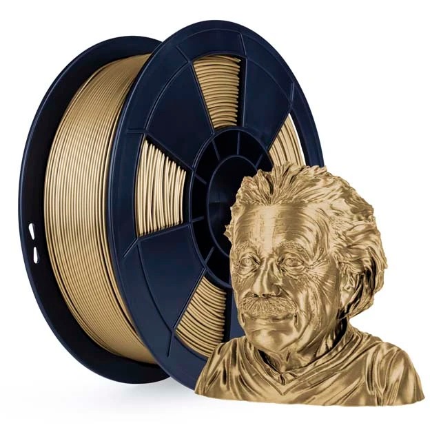 Spool of 3D printer filament and a golden bust of Einstein.