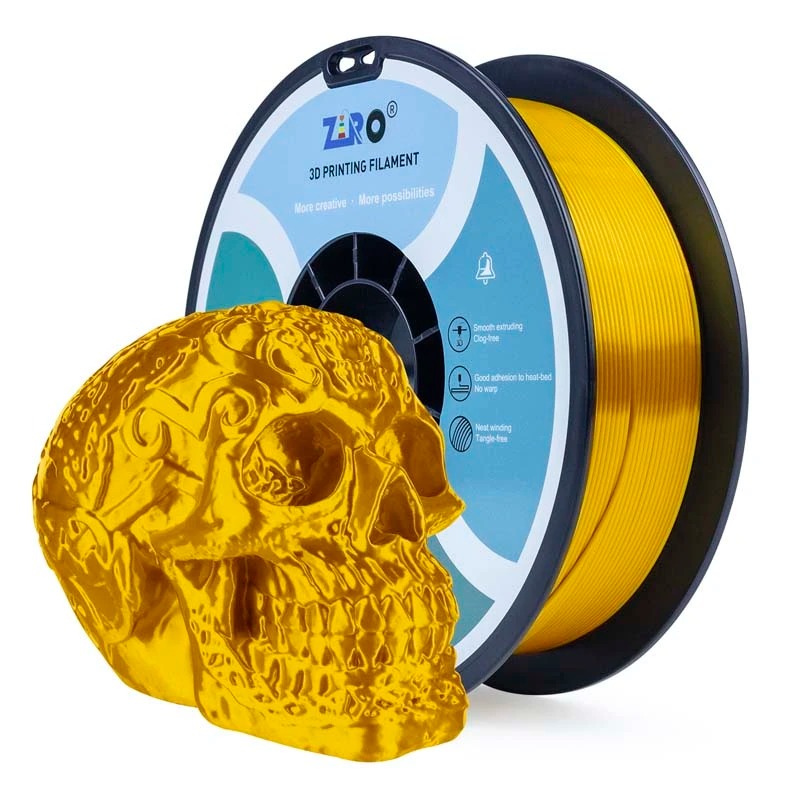 Yellow 3D printer filament with a skull-shaped sample.