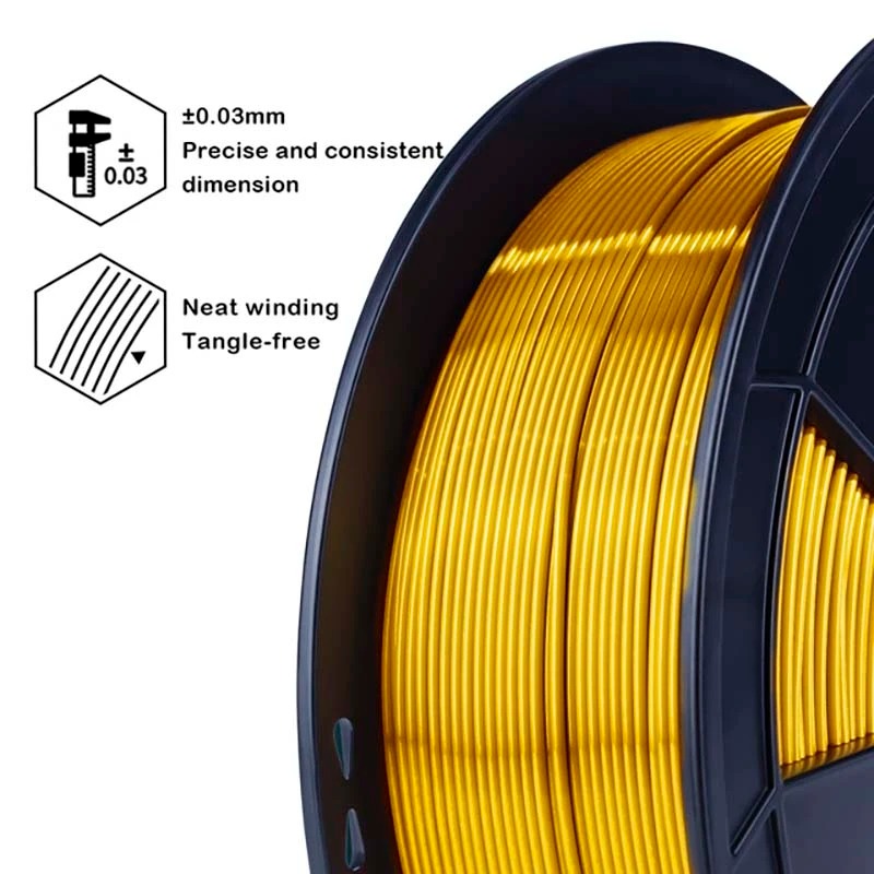 Golden 3D printer filament with 1.75mm diameter for smooth printing.