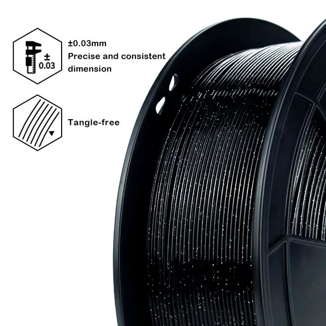 Black 3D printer filament spool with 1.75mm diameter, tangle-free design.