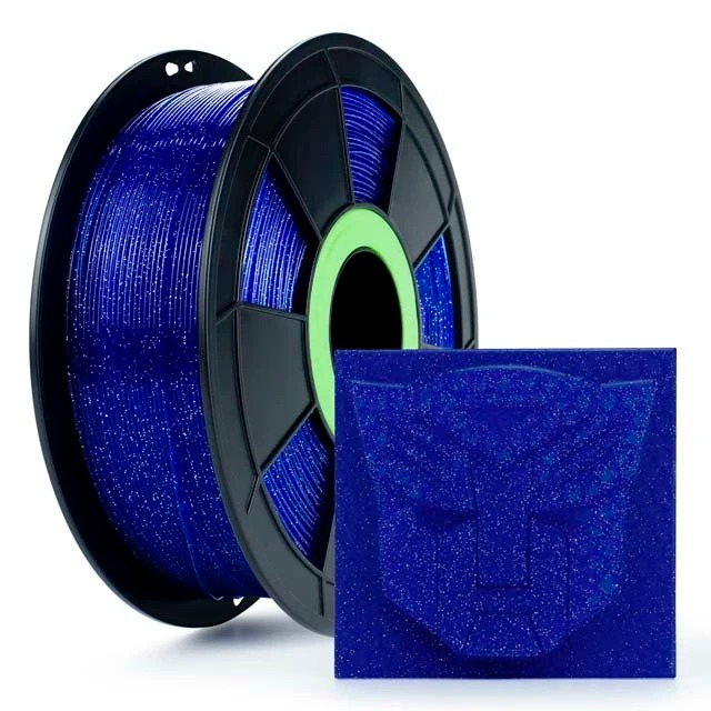 Blue 3D printer filament spool with a detailed skull print sample.