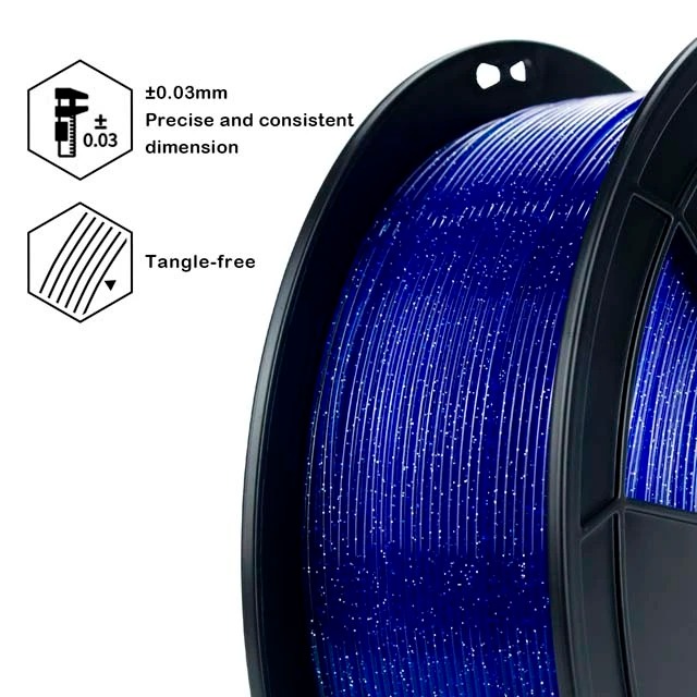 Spool of 3D printer filament in blue color, 1.75mm diameter, tangle-free.