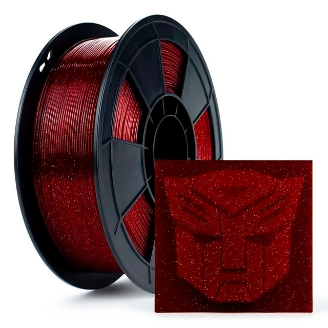 Spool of red filament with a close-up of a textured skull design.