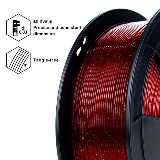 Close-up of a red 3D printer filament spool with 1.75mm diameter and tangle-free design.