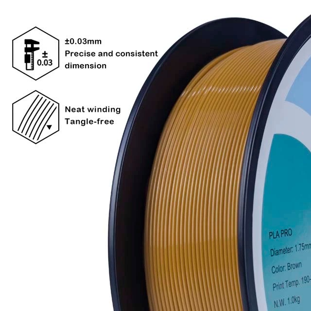 Golden 3D printer filament spool with 1.75mm diameter for precise printing.